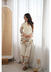Off White Digital Floral Print Suit with Straight Pant Full Look – KU249