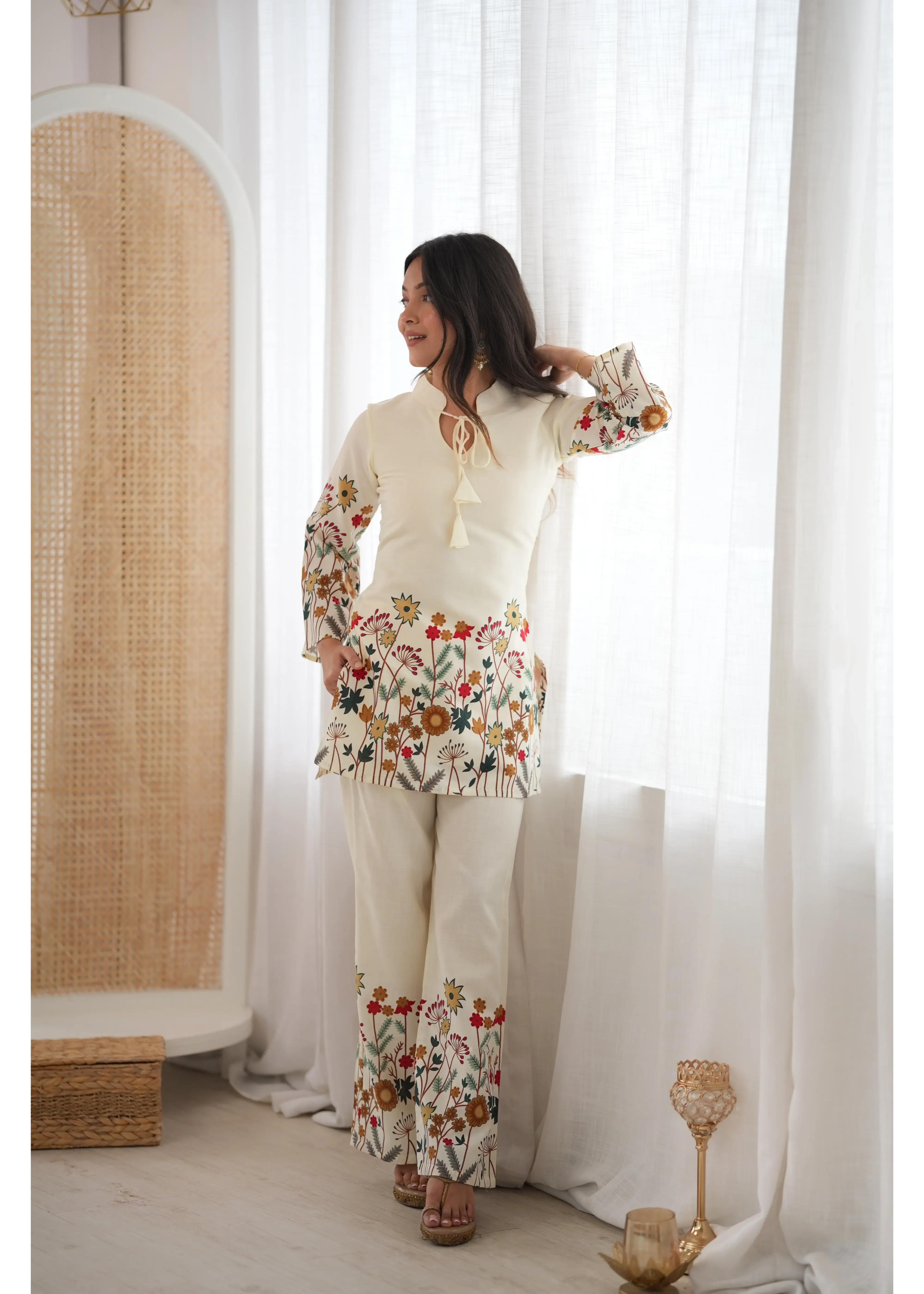 Off White Suit Side View Showing Sleeve Print and Hem Detail – KU249