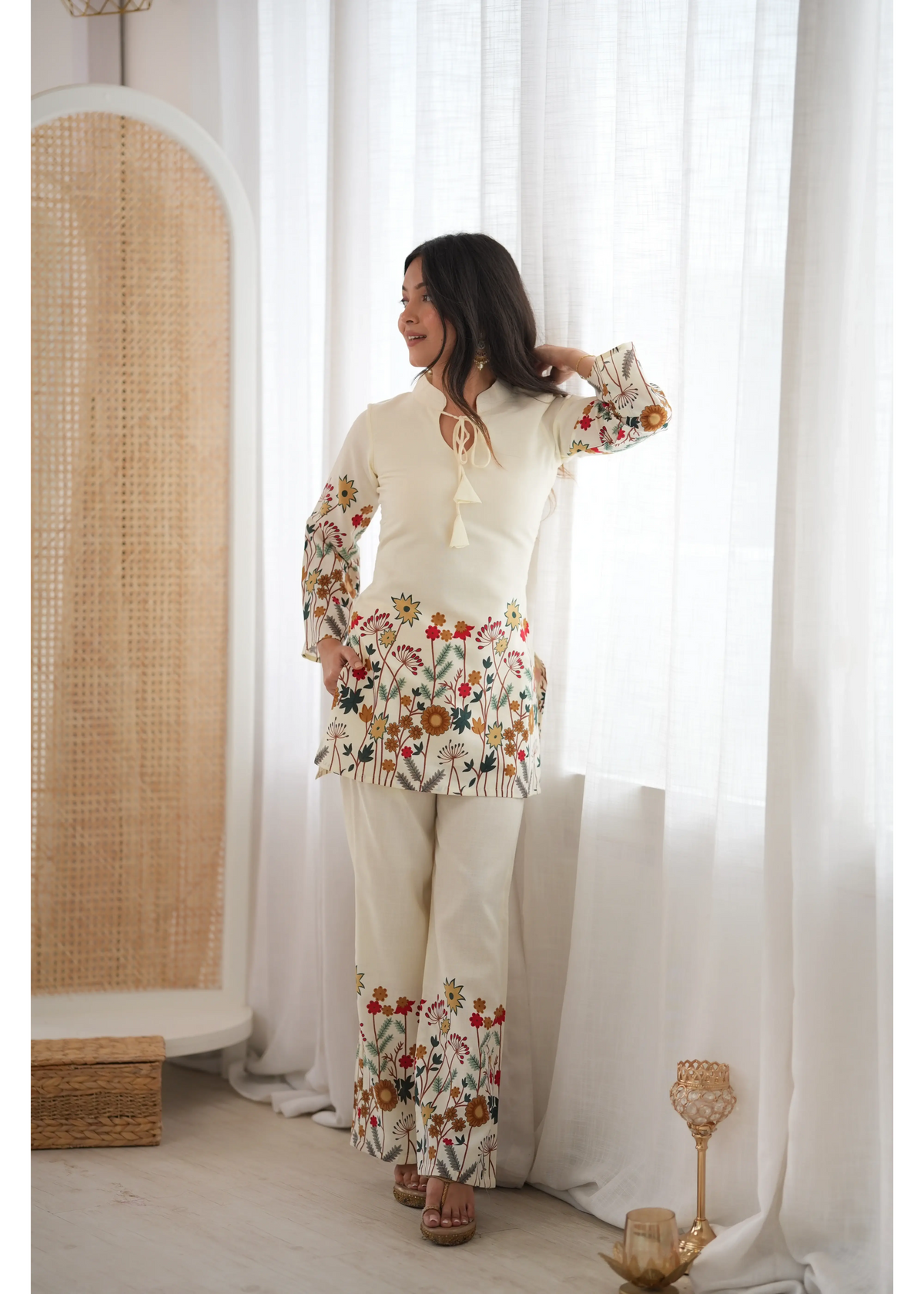 Off White Suit Side View Showing Sleeve Print and Hem Detail – KU249