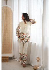 Off White Suit Side View Showing Sleeve Print and Hem Detail – KU249