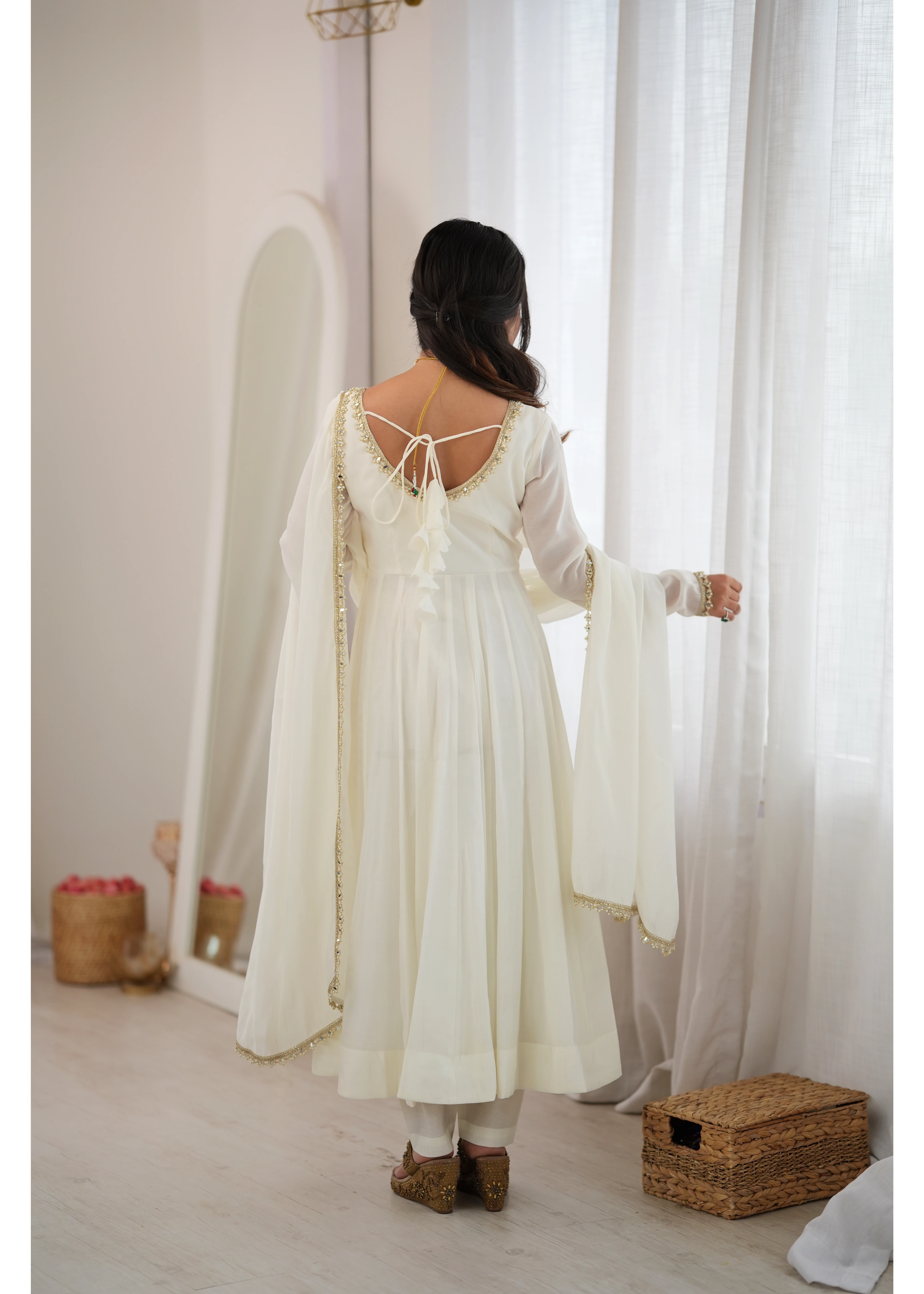 White Handwork Anarkali Suit – Back View with U-Back Tie-Up | Kalyanja