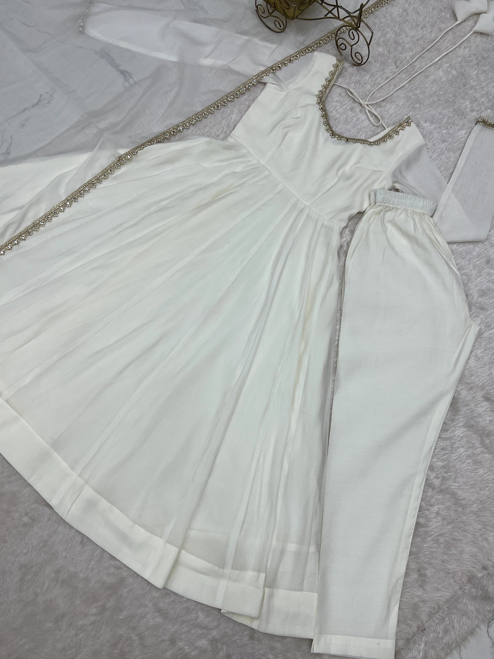 White Handwork Anarkali Suit with Straight Pant – Flat Lay | KU250 | Kalyanja