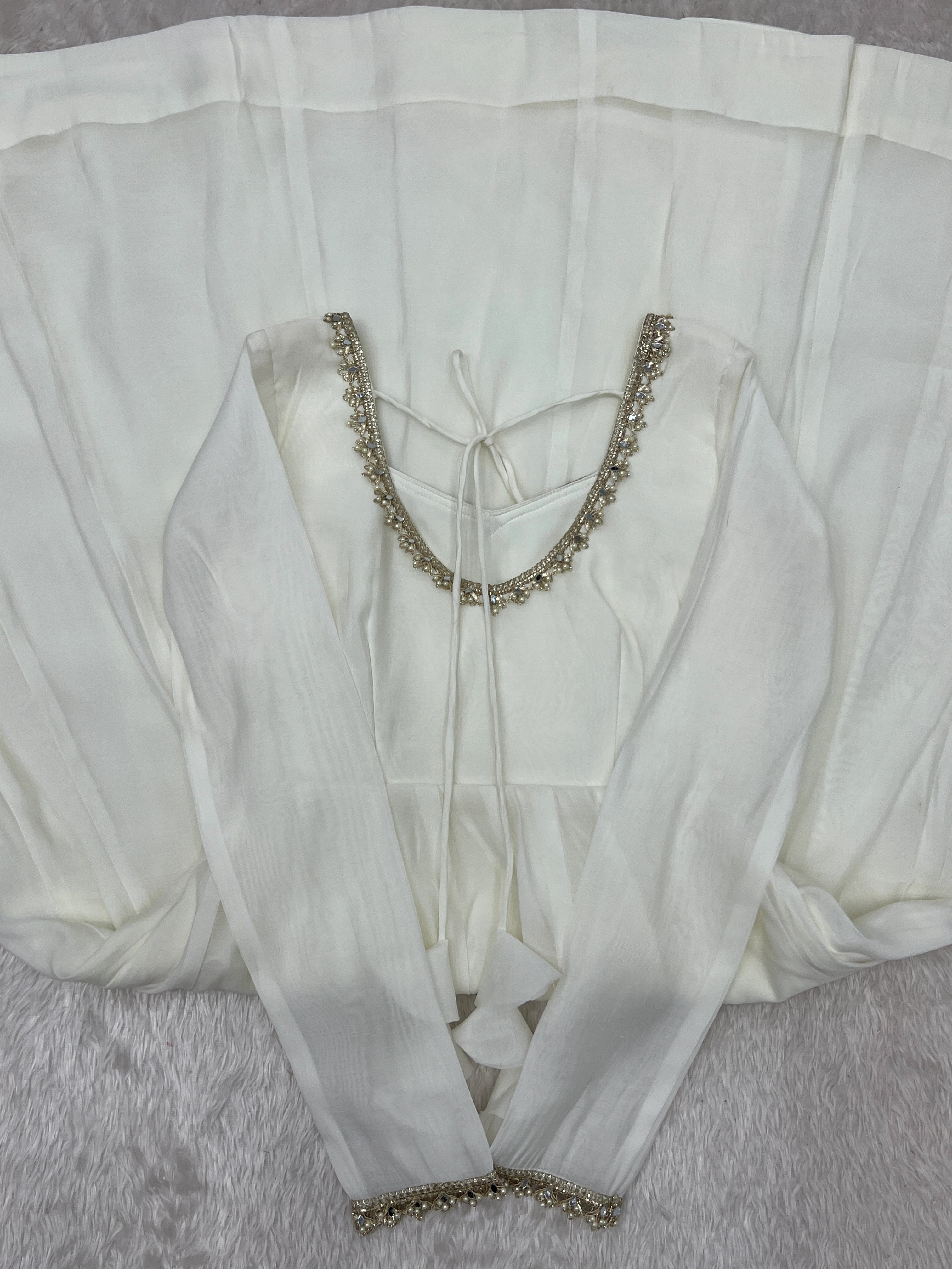 White Handwork Suit – Flat Lay Back Neckline and Dori Detail | Kalyanja