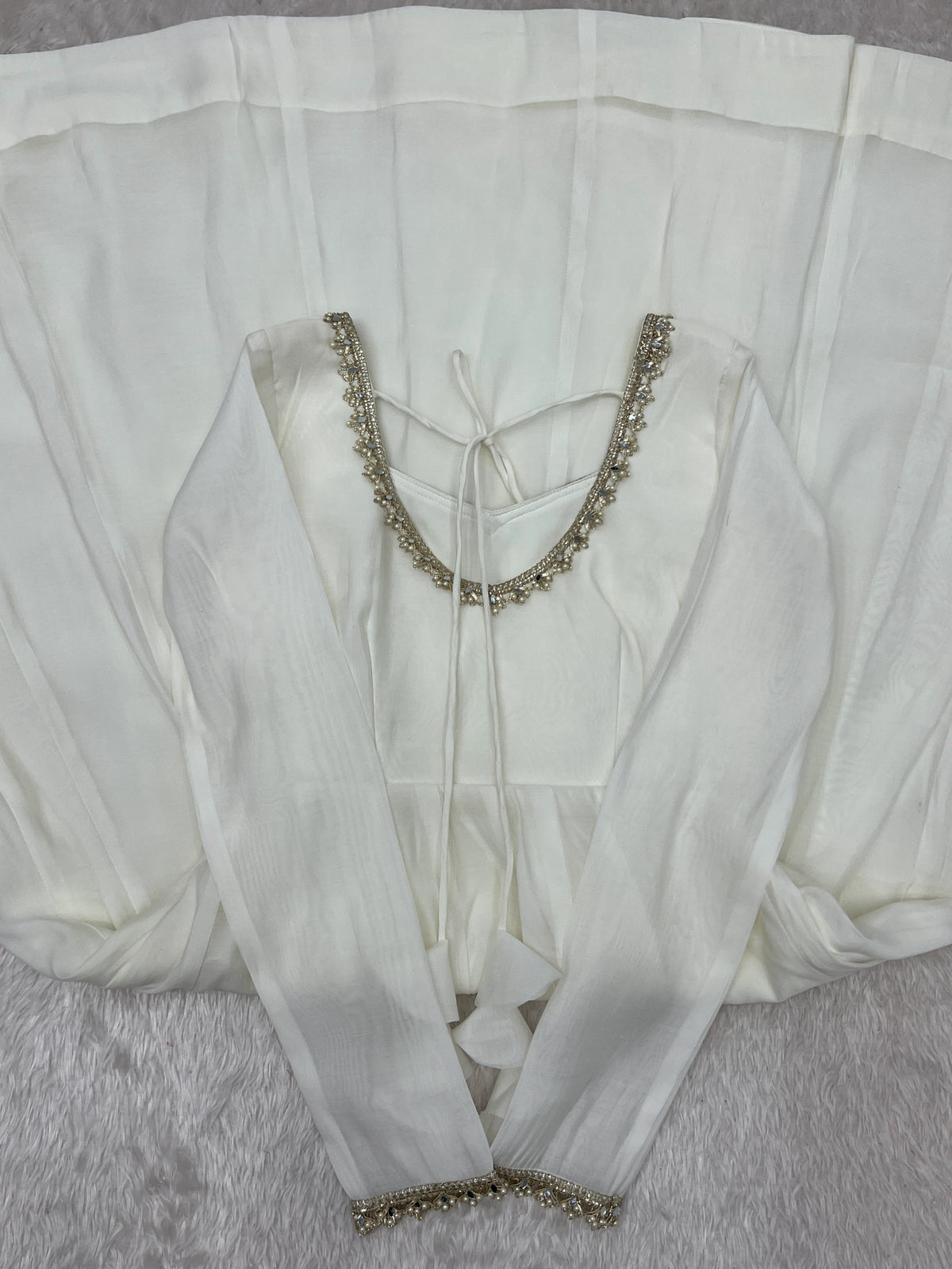 White Handwork Suit – Flat Lay Back Neckline and Dori Detail | Kalyanja