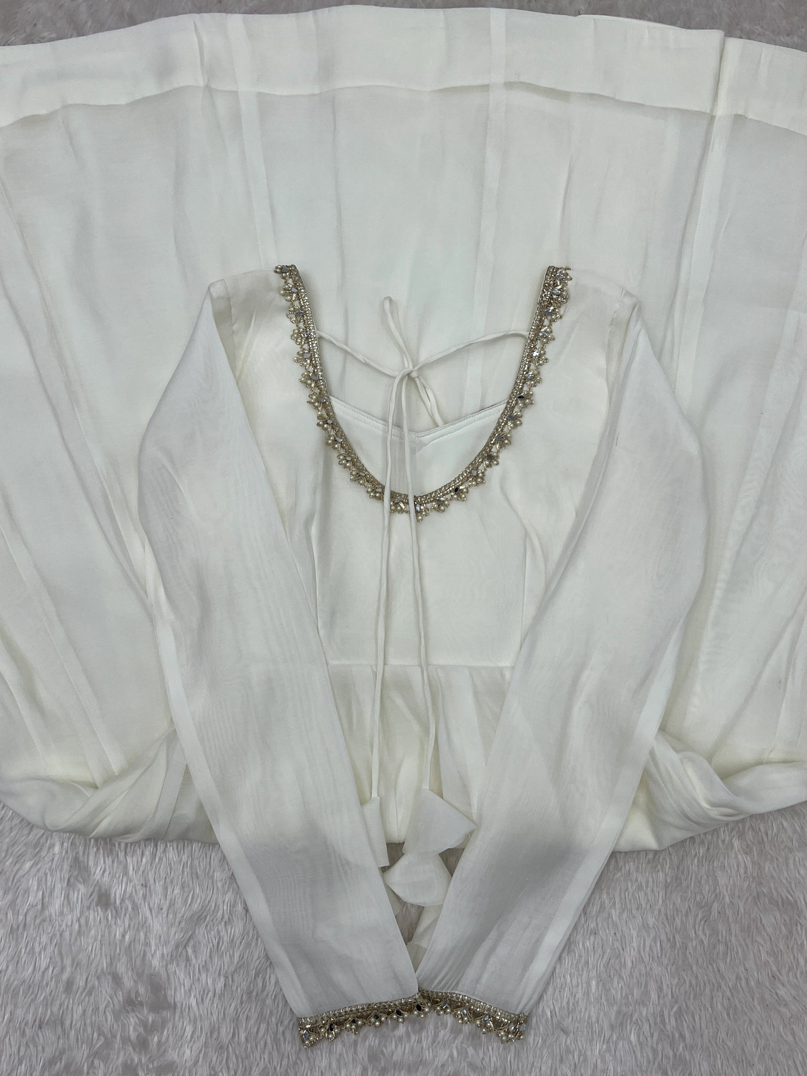 White Handwork Suit – Flat Lay Back Neckline and Dori Detail | Kalyanja