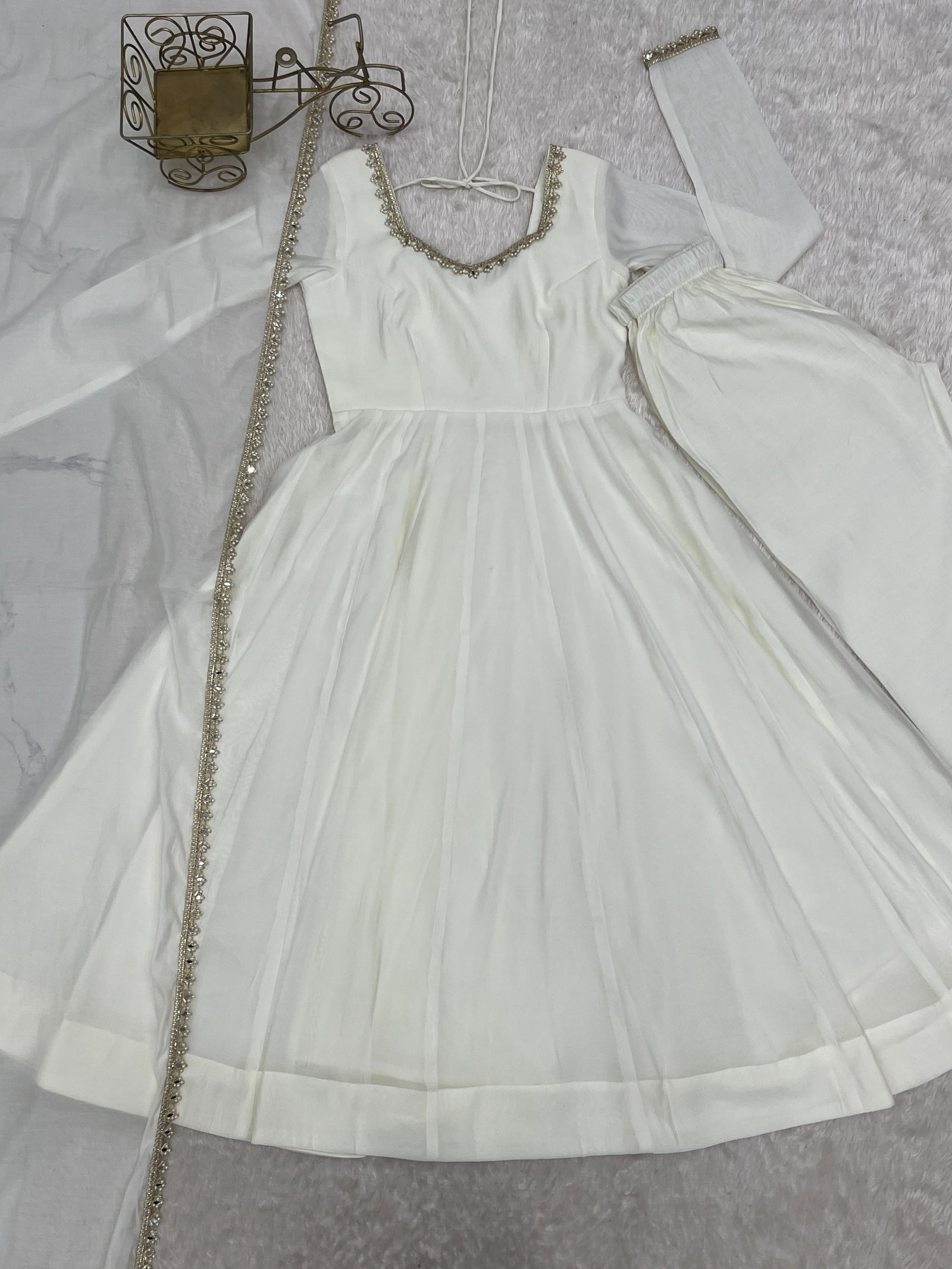 White Handwork Anarkali Suit with Pant and Dupatta – Full Set Flat Lay | Kalyanja