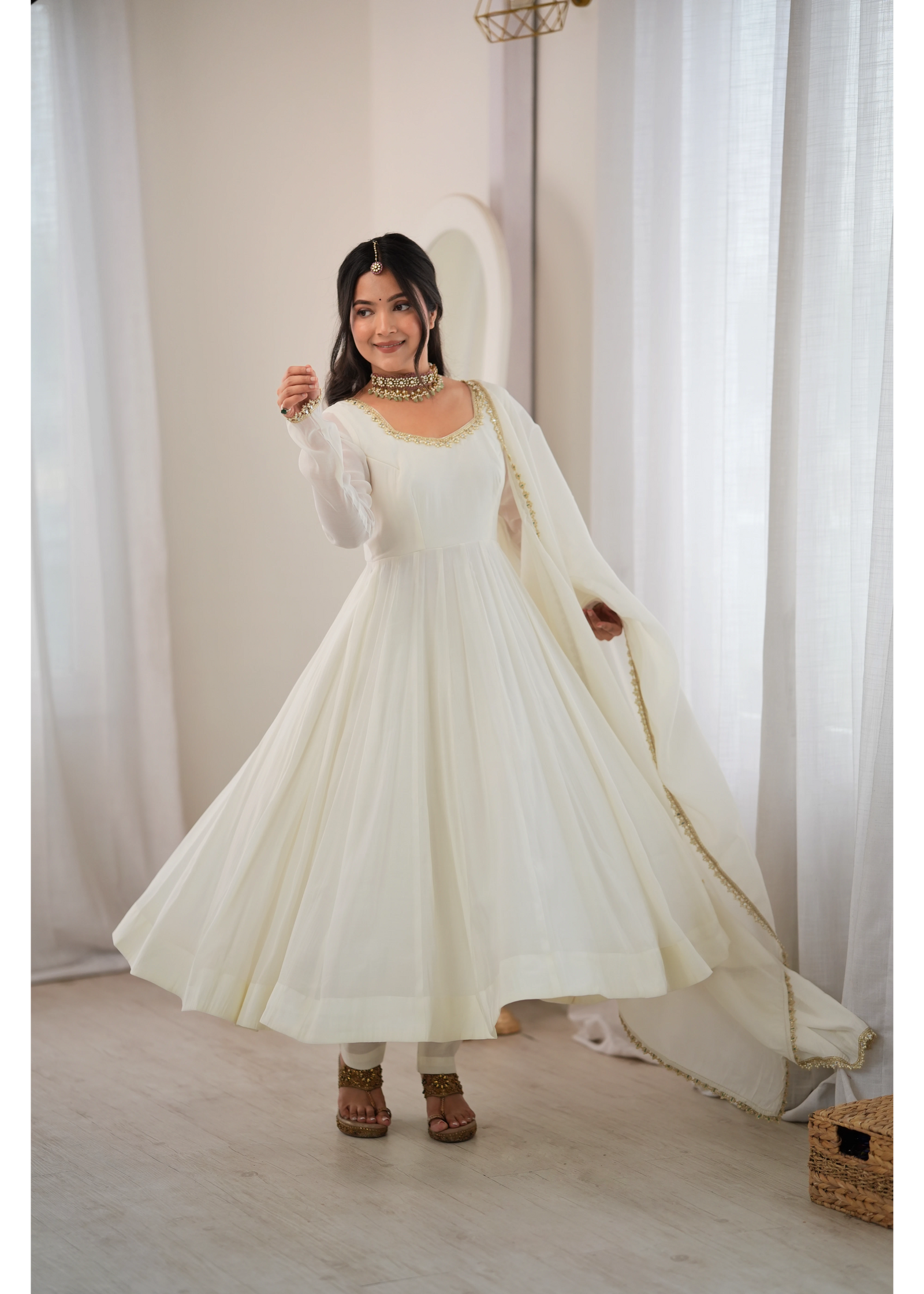 White Mul Chanderi Anarkali Suit – Front Smiling Full Length View | Kalyanja