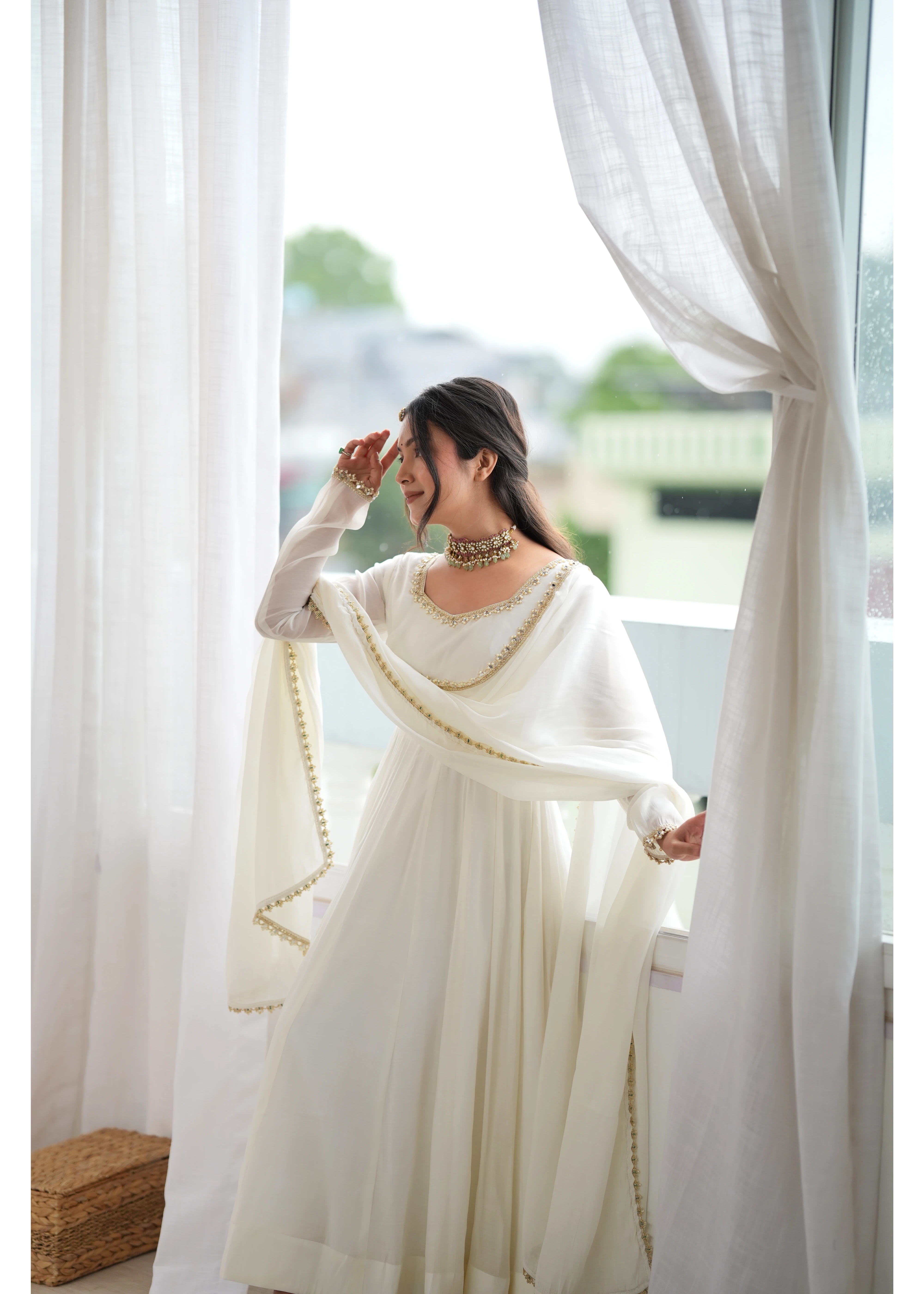 White Mul Chanderi Handwork Suit – Outdoor Front View | KU250 | Kalyanja
