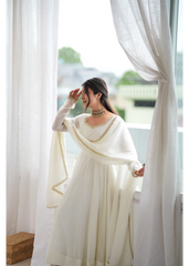 White Mul Chanderi Handwork Suit – Outdoor Front View | KU250 | Kalyanja