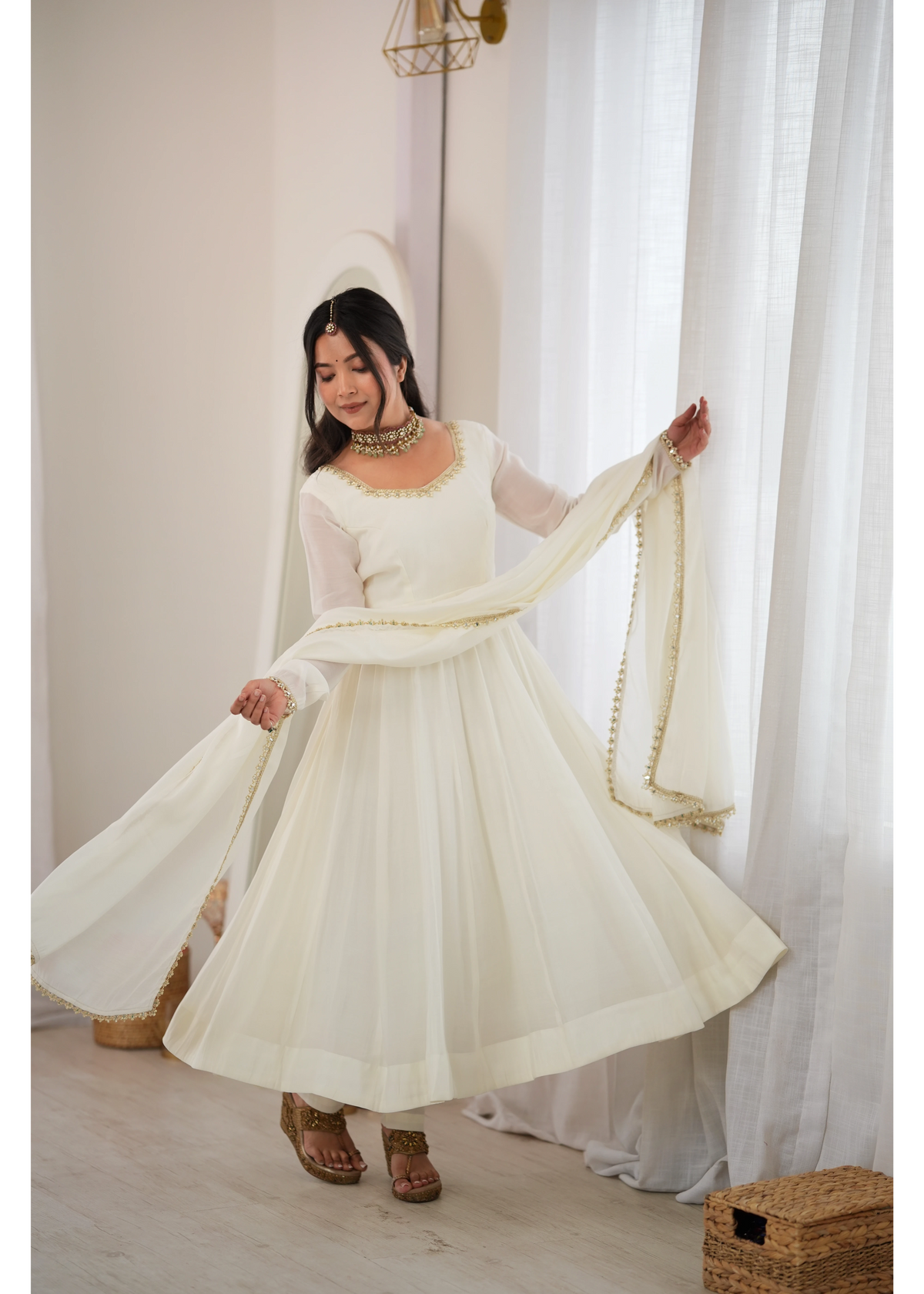 White Handwork Anarkali Suit with Pant and Dupatta – KU250 | Kalyanja