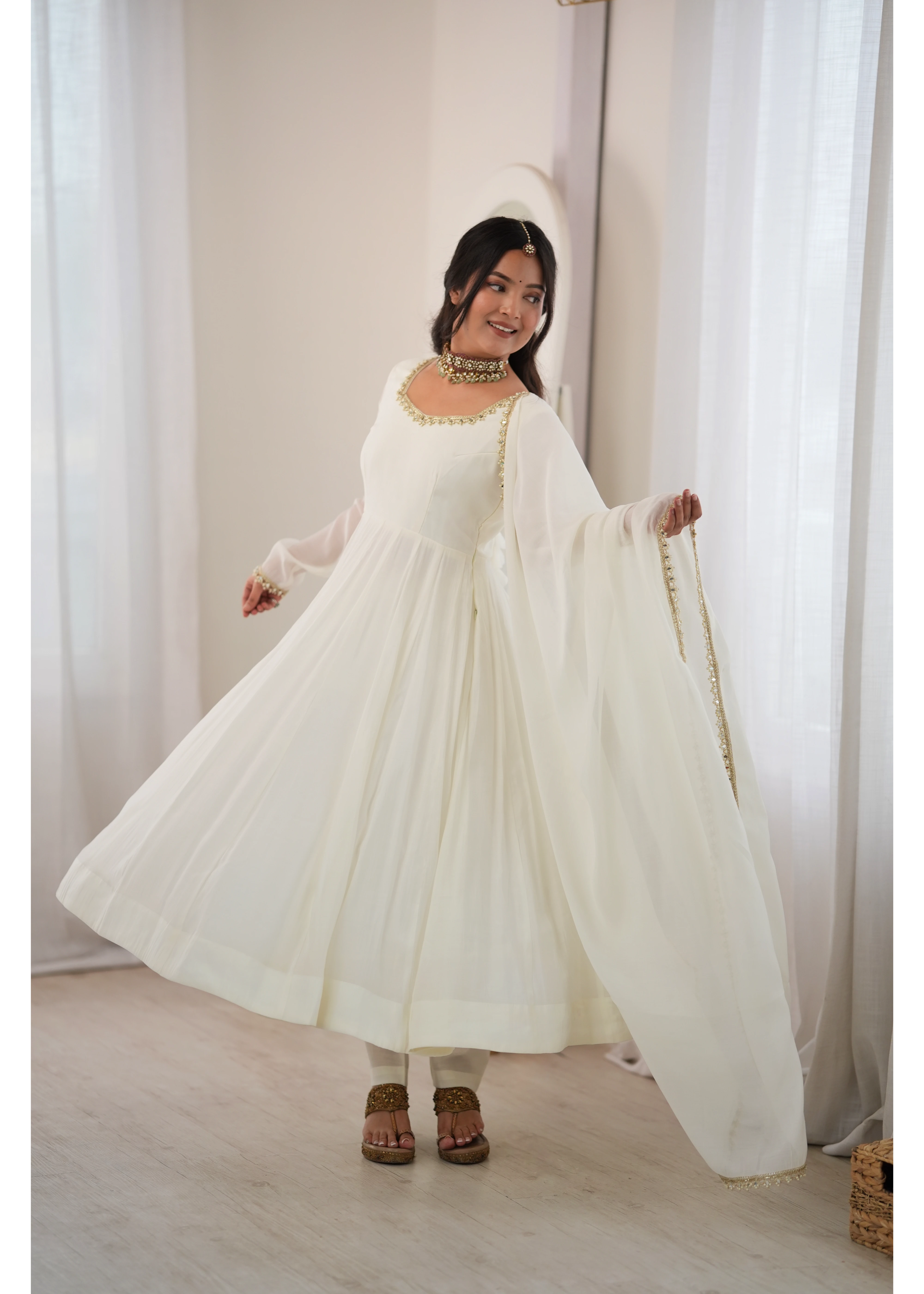 White Anarkali Suit – Plus Size Front View with Flair | Kalyanja