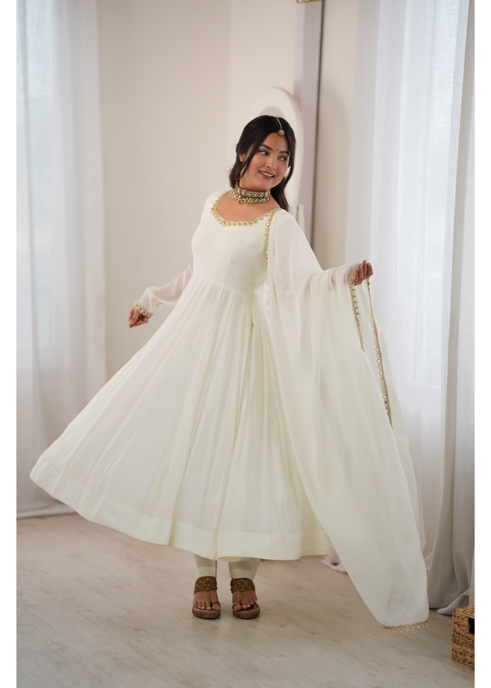 White Anarkali Suit – Plus Size Front View with Flair | Kalyanja