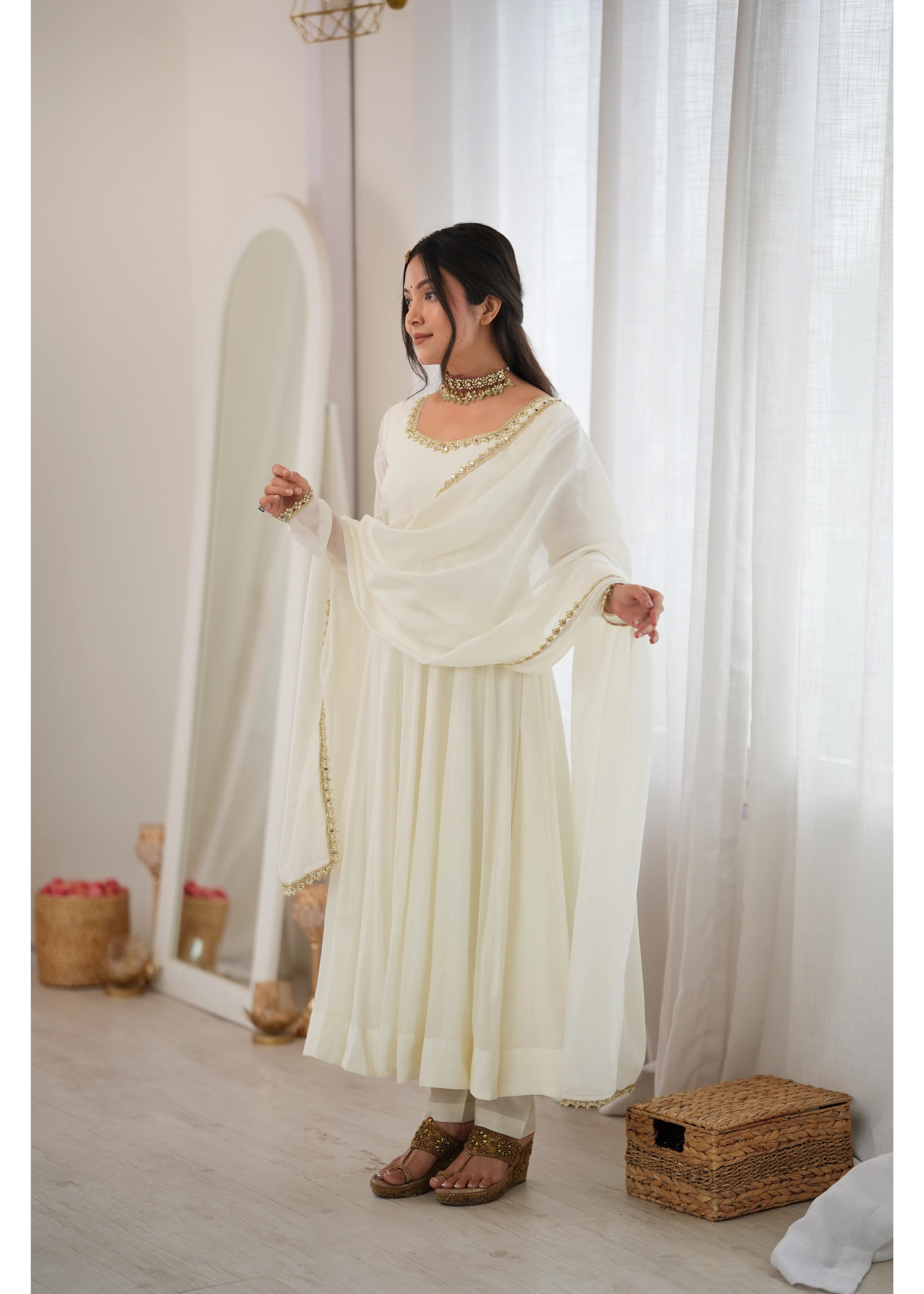 White Handwork Anarkali Suit – Side View with Dupatta | Kalyanja