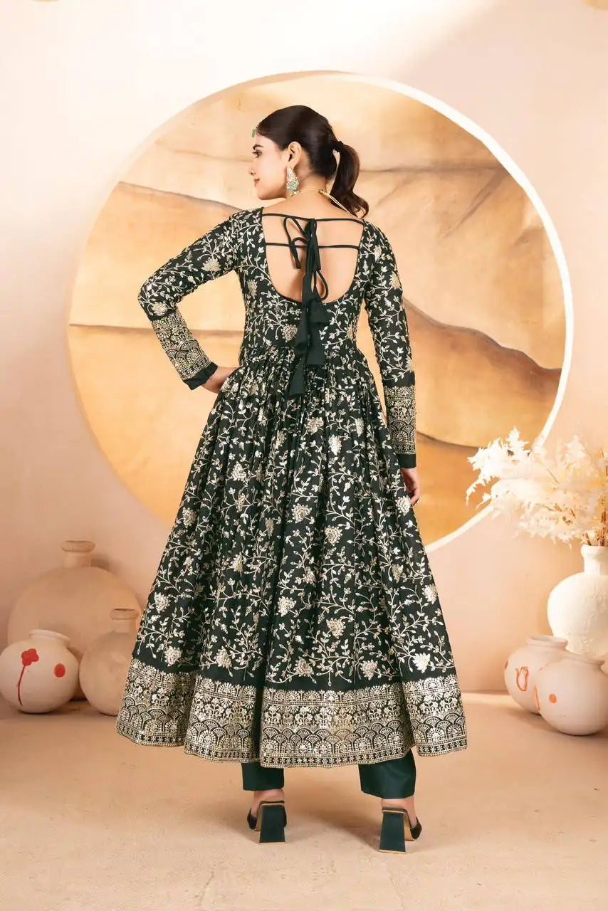 Dark Green Thread Embroidered Suit – Back View with Crisscross Dori Tie | Kalyanja