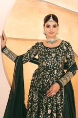 Dark Green Anarkali Suit – Neckline and Embroidery Close-Up | Kalyanja