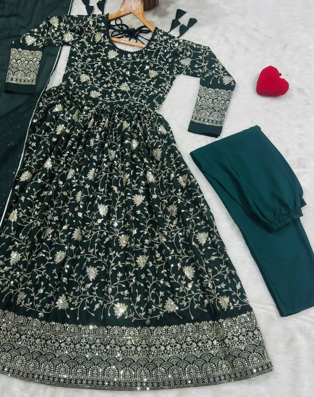 Dark Green Anarkali Suit – Flat Lay with Pant and Cuff Detail | KU252 | Kalyanja