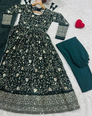 Dark Green Anarkali Suit – Flat Lay with Pant and Cuff Detail | KU252 | Kalyanja