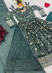 Dark Green Thread Embroidered Suit with Sequins Dupatta – Flat Lay | Kalyanja