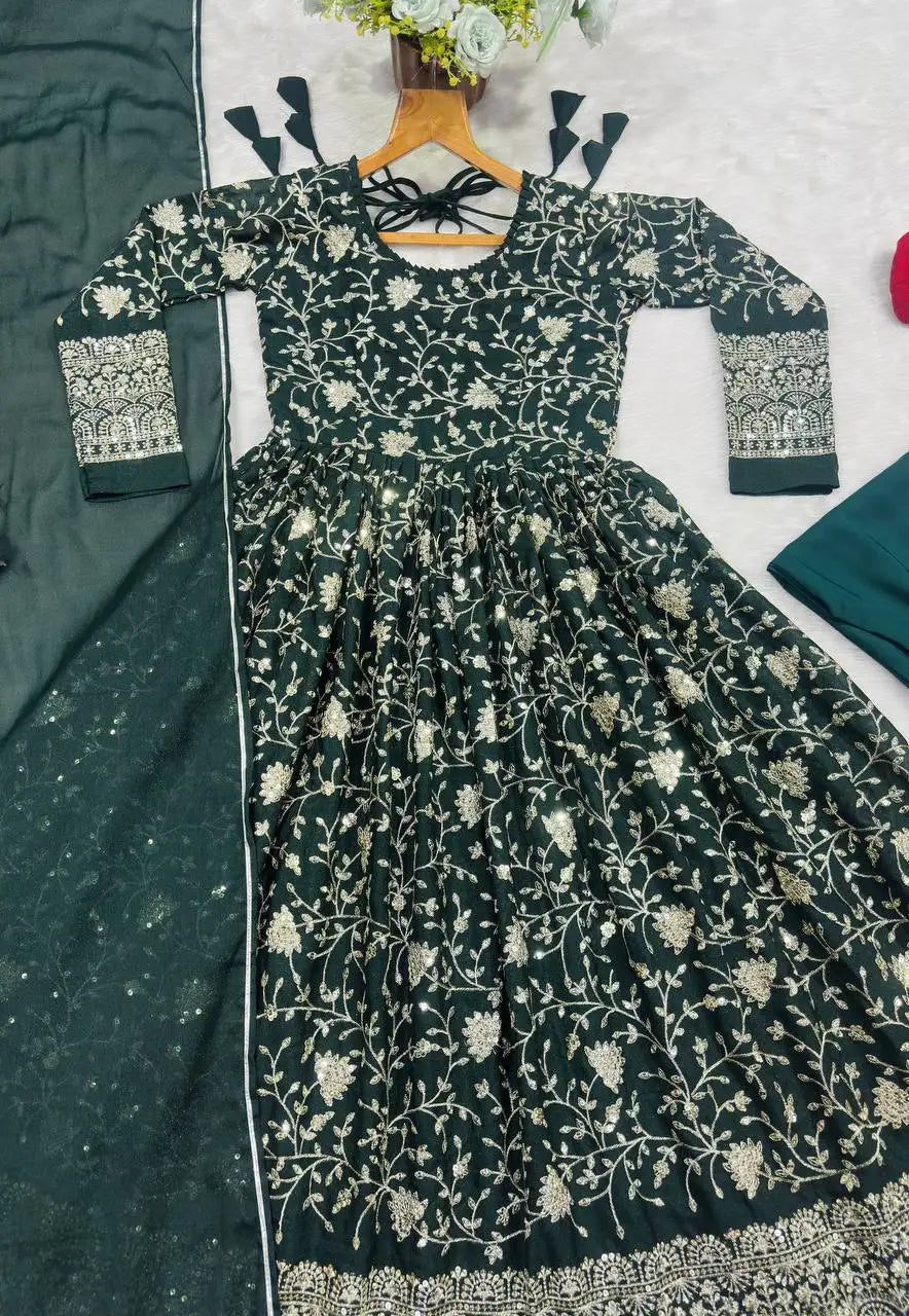 Dark Green Star Georgette Anarkali Suit – Flat Lay Front Embroidery Detail | KU252 | Kalyanja
