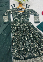 Dark Green Star Georgette Anarkali Suit – Flat Lay Front Embroidery Detail | KU252 | Kalyanja