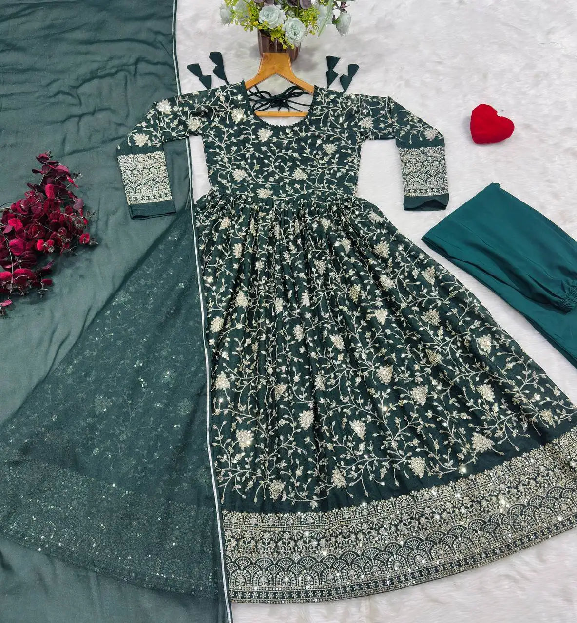 Dark Green Thread Embroidered Anarkali Suit with Pant and Dupatta – Full Set Flat Lay | Kalyanja