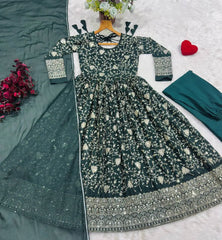 Dark Green Thread Embroidered Anarkali Suit with Pant and Dupatta – Full Set Flat Lay | Kalyanja