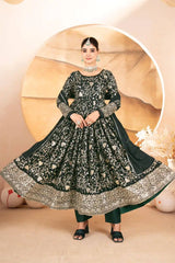 Dark Green Thread Embroidered Anarkali Suit with Pant and Dupatta – KU252 | Kalyanja