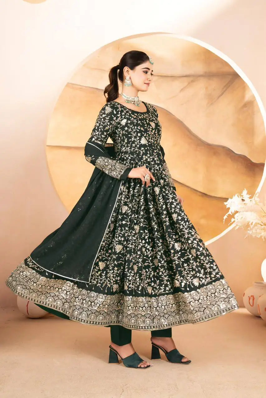 Dark Green Star Georgette Anarkali Suit – Side View with Hem Border | Kalyanja