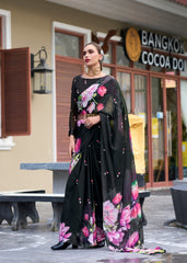 Woman in a floral dress standing in front of a building with 'Bangkok Cocoa' sign.