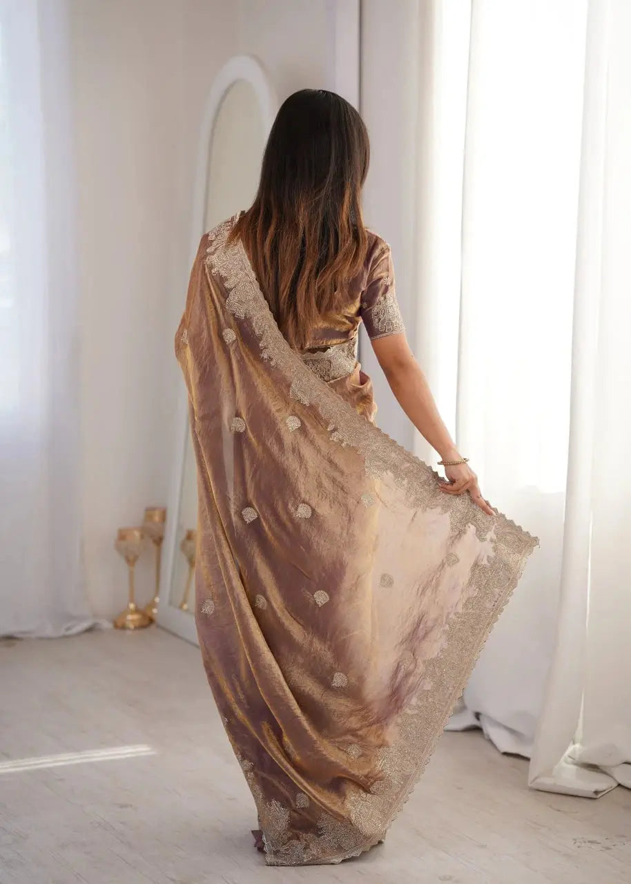 Lavender Pink Zari Embroidered Saree back view showing pallu drape