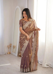 Lavender Pink Zari Embroidered Saree standing front view