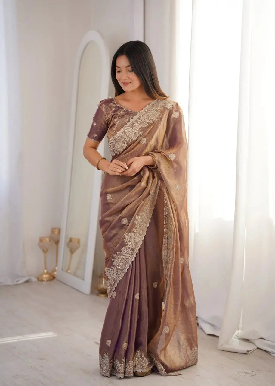 Lavender Pink Zari Embroidered Saree full body view with pallu detail
