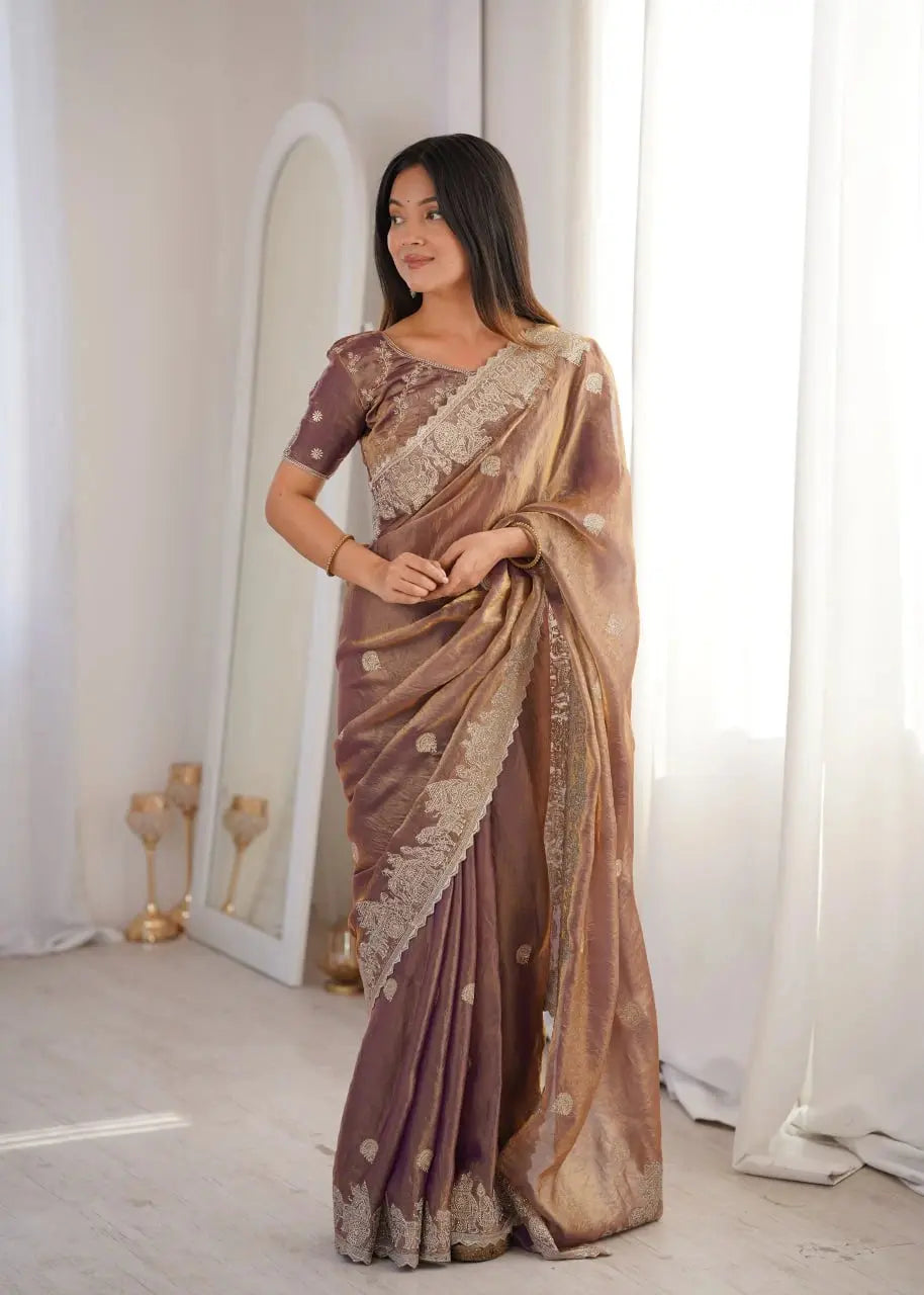Lavender Pink Zari Embroidered Saree portrait smiling view