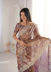 Lavender Pink Zari Embroidered Saree portrait looking down