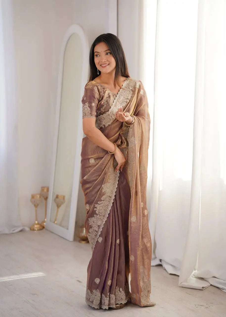 Lavender Pink Zari Embroidered Saree portrait front view smiling