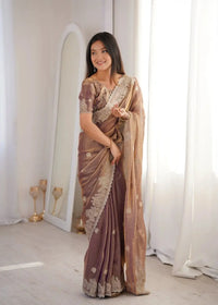 Lavender Pink Zari Embroidered Saree – Hotfix Border Work