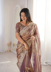 Lavender Pink Zari Embroidered Saree portrait looking down close-up