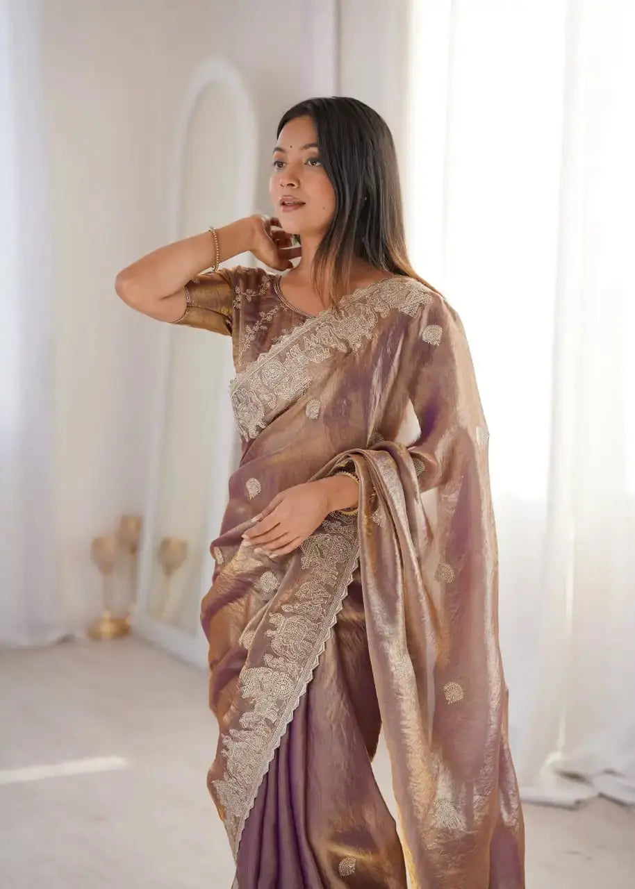 Lavender Pink Zari Embroidered Saree portrait side glance