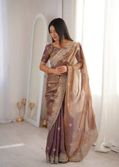 Lavender Pink Zari Embroidered Saree portrait close view