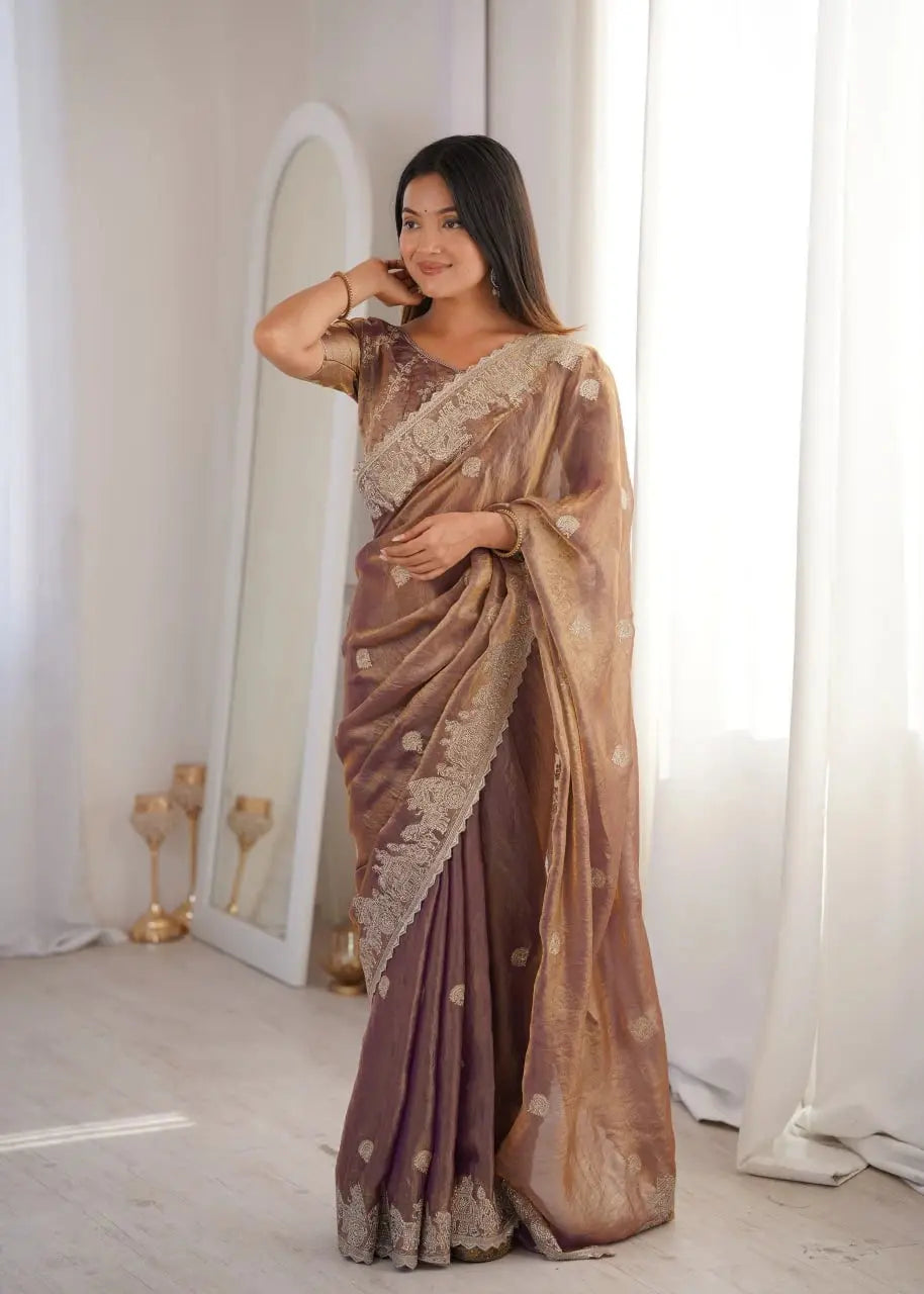 Lavender Pink Zari Embroidered Saree portrait with hand near face