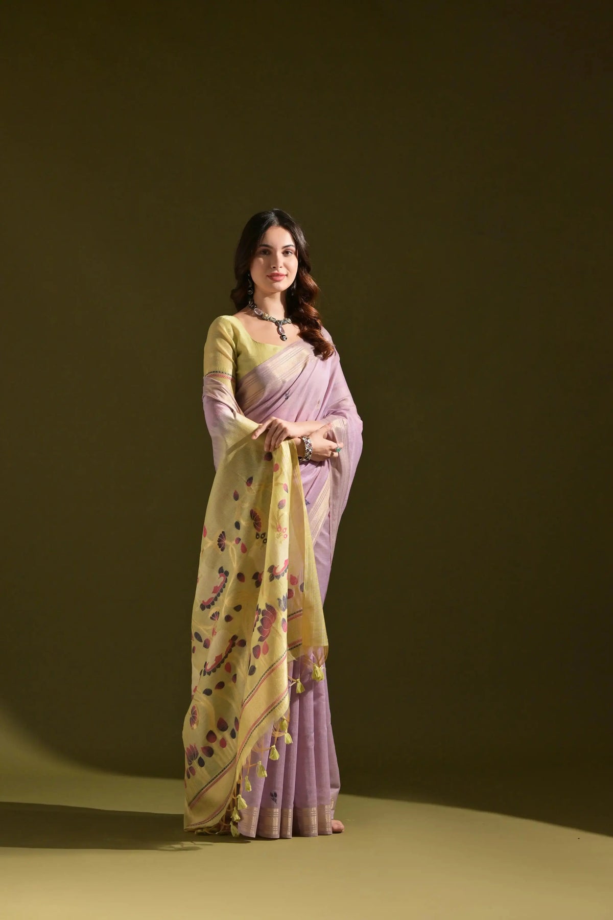 Lavender Resham Weaving Saree yellow-green blouse and pallu closeup