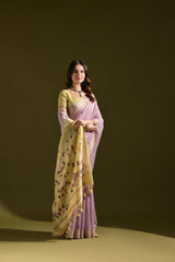 Lavender Resham Weaving Saree yellow-green blouse and pallu closeup