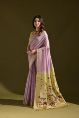 Lavender Resham Weaving Saree with golden-yellow contrast pallu front drape view