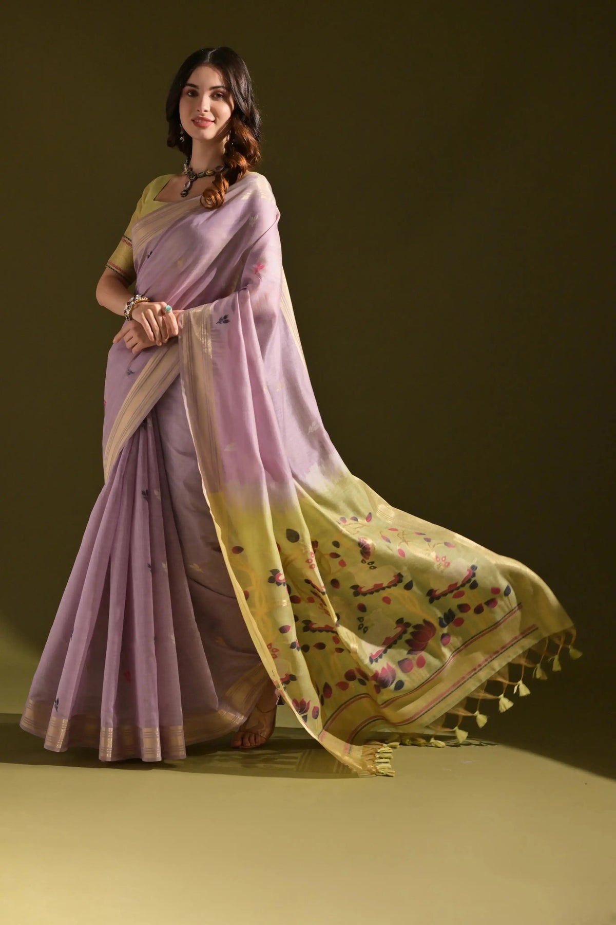 Lavender Resham Weaving Saree golden-yellow printed pallu flowing view
