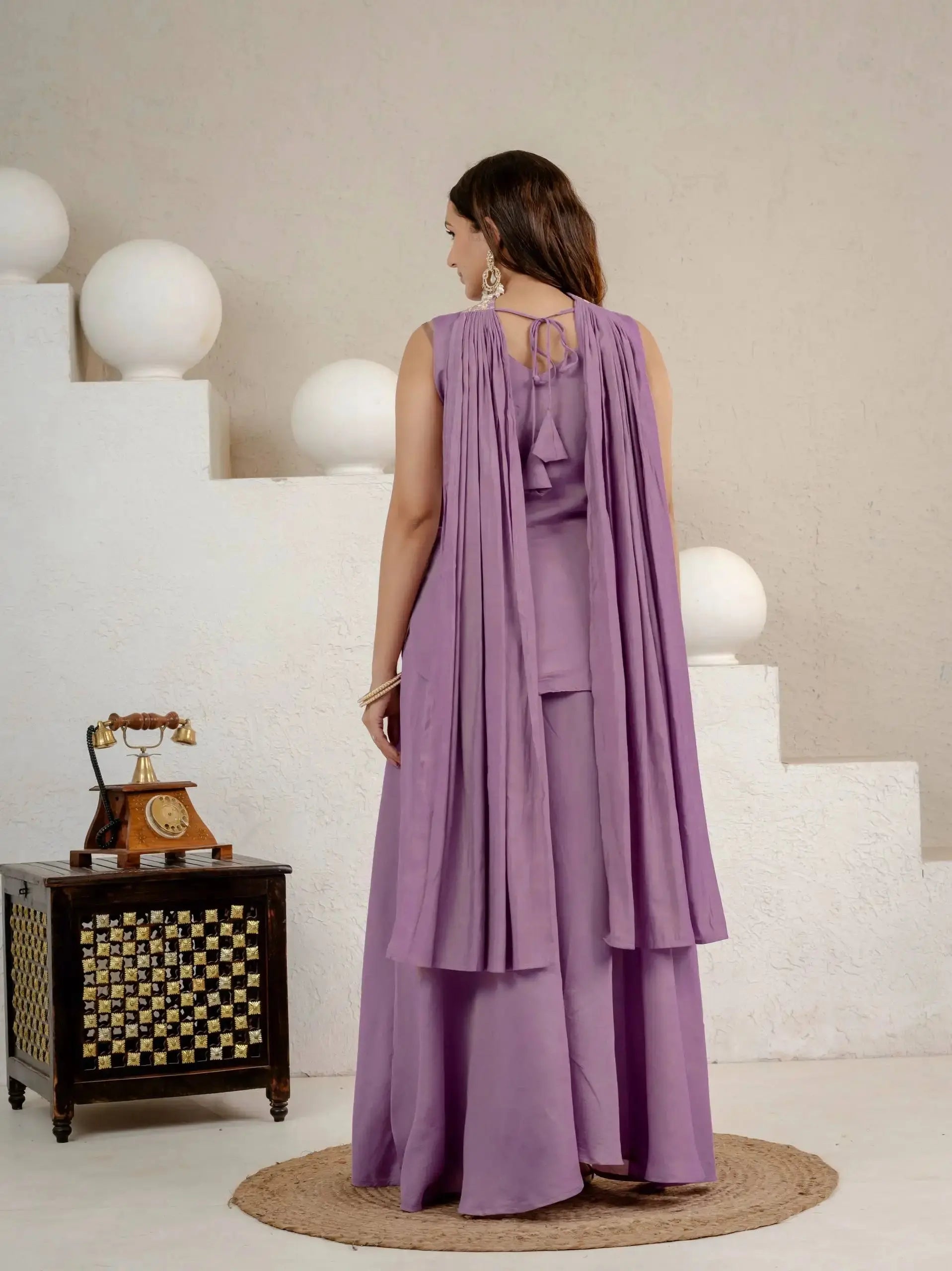 Lavender Sequins Embroidered Suit – Back View with Open Dori Tie-Up