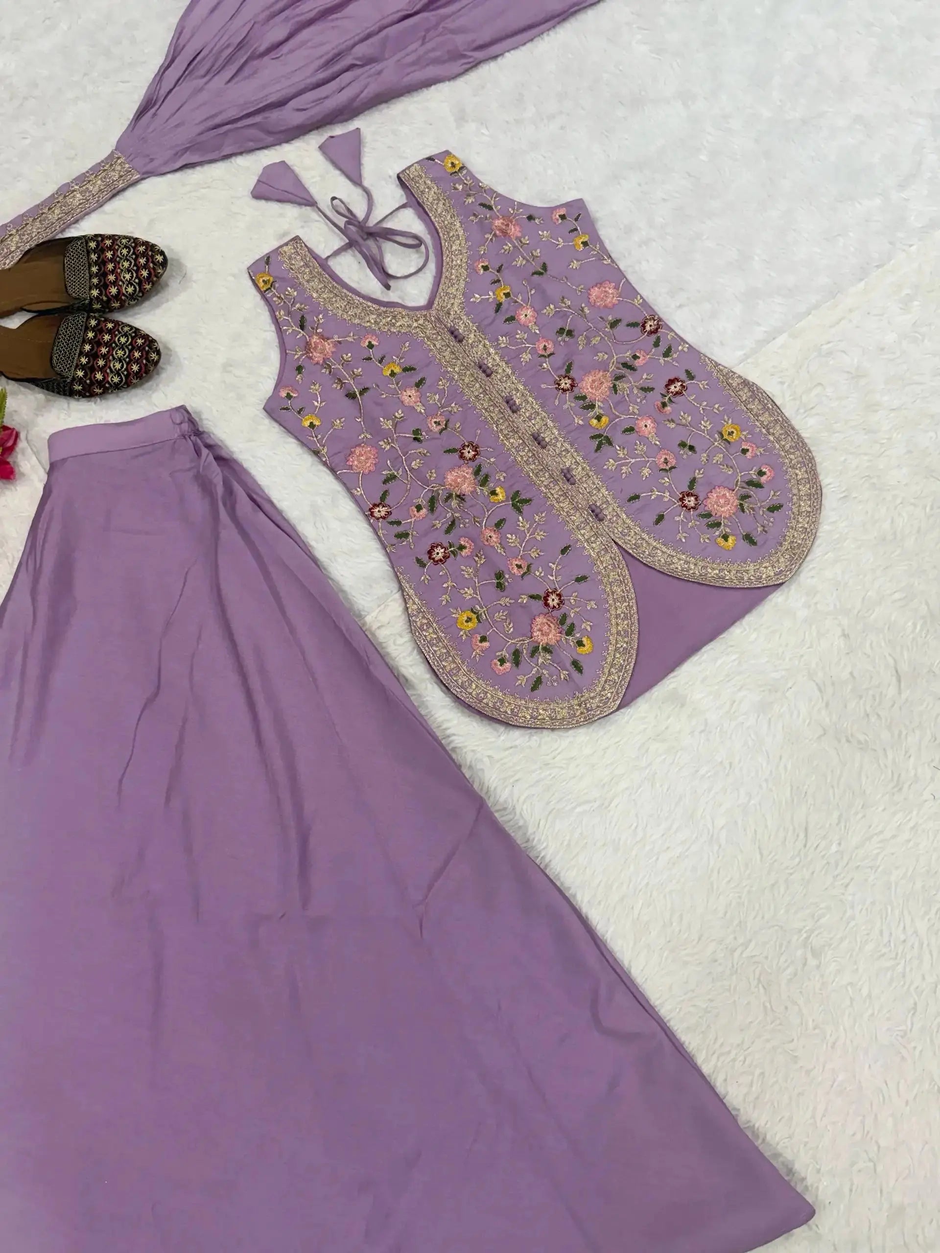 Lavender Sequins Embroidered Suit Set Flat Lay – Koti Sharara and Dupatta