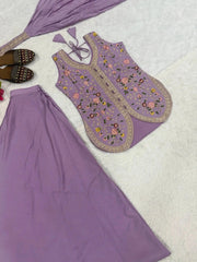 Lavender Sequins Embroidered Suit Set Flat Lay – Koti Sharara and Dupatta