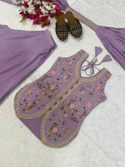 Lavender Roman Silk Koti Suit – Full Set Flat Lay Close Up