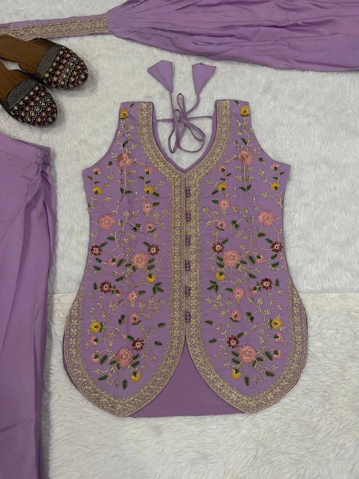 Lavender Sequins Embroidered Koti Suit – Flat Lay View