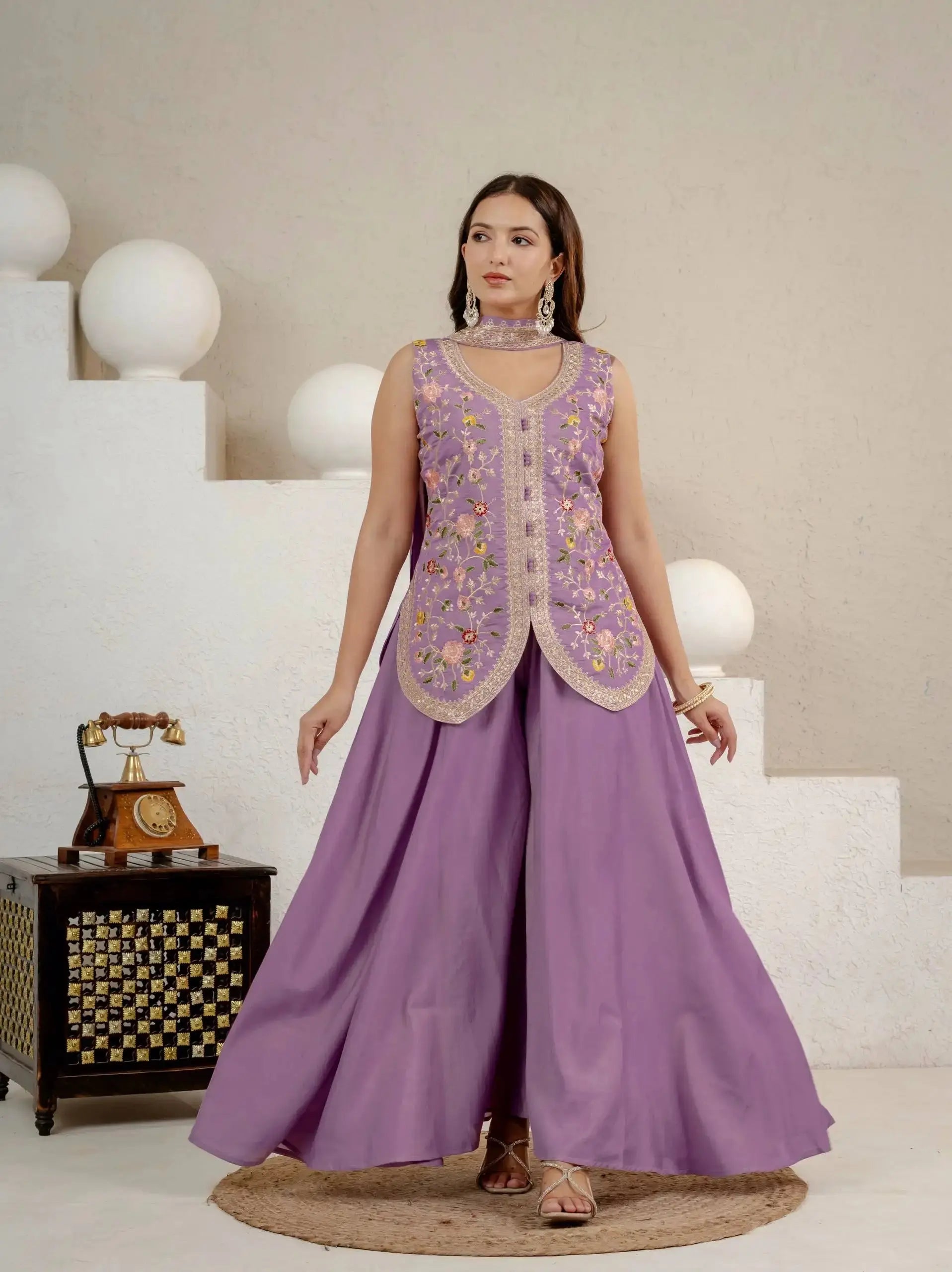 Lavender Koti Style Suit with Sharara and Dupatta – Front View